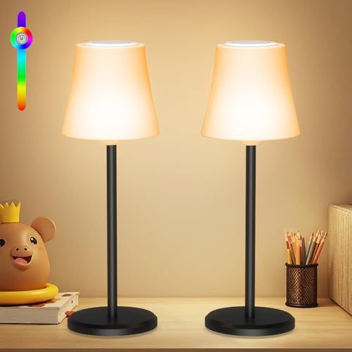 Ainostone 2 pezzi Lampara de Mesa Inalambrica LED lampara mesilla de noche con batería recargable, 3 modos de color +RGB stepless dimming night light touch control IP54 impermeable sala de estar