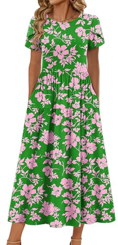 Zeagoo Summer Dress Empire Waist Dress for Women Short Sleeve A Line Flowy Summer Maxi Dress Green Pink Floral XL