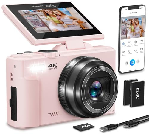 4K Digital Camera for Photography, 64MP HD WiFi Vlogging Camera for YouTube with 3 180°Flip Screen, 18X Digital Zoom,Autofocus Compact Camera with Flash,32GB TF Card & 2 Batteries(Pink)