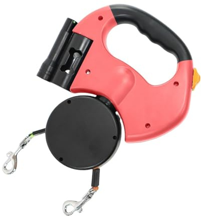 Dubbelt infällbart hundkoppel med LED-ficklampa | automatiskt rullkoppel | för 2 hundar | 360° trasselfritt och reflekterande | utdragbart dubbelkoppel för små och medelstora hundar.