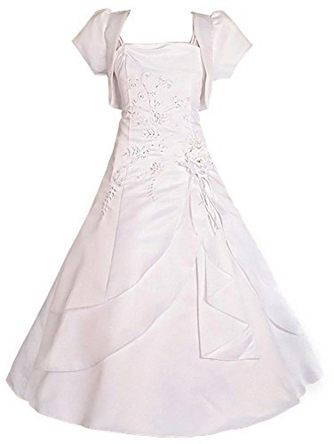 Lito Angels Blumenmädchen Hochzeit Festlich Weißes Satin Kleid Kommunionkleid mit Bolero Kurzarm für Kinder Mädchen Größe 9-10 Jahre 140