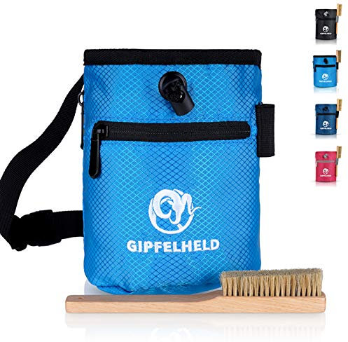GIPFELHELD® Chalkbag Set blau mit Boulder-Bürste zum Klettern und Bouldern, Magnesia-Beutel mit Karabiner, Hüftgurt und 2 Taschen, Kreide-Beutel auch für Crossfit und Gewichtheben