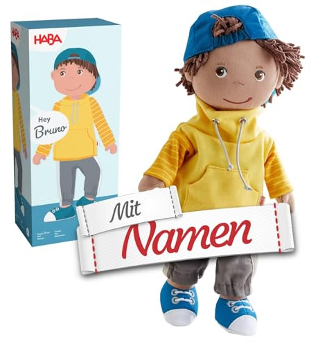 HABA Stoffpuppe Puppe Bruno, Stoffpuppen Puppe, mit Namen Bestickt am Rücken - Geschenk zur Geburt und Taufe, 30 cm, ab 18 Monaten, Baumwolle, gelber Pullover