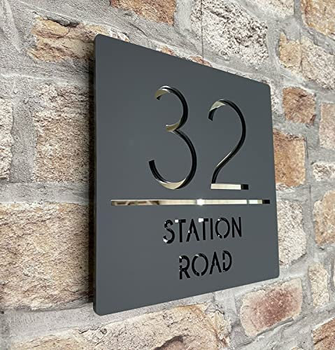 One of a Kind Design UK Personalised Contemporary Square House Sign, Personalised Address Number Plate, acrylic,180x180mm, Seven Coloured Backing Available, UV Stable, Grey