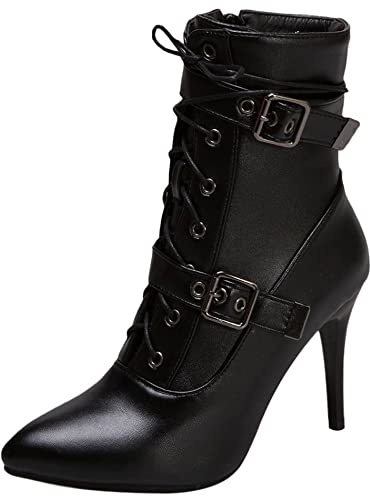 Lroey Reoly Bottines à Talon Aiguille Femme, Bottes de Fête Talons Hauts Pointu Bottines Zip Boucle 155 Noir Taille 44 EU