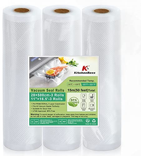 KitchenBoss Sac Sous Vide Alimentaire：Rouleau Sous Vide Alimentaire Convient à L'appareil de Mise Sous Vide, Sacs Sous Vide Gaufrés sans BPA, Sachet Sous Vide Alimentaire, 3 Rouleaux 28x500cm