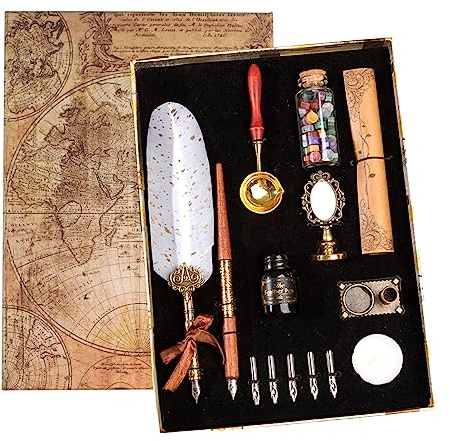 Joyeee Set de Calligraphie Vintage, Stylo de Calligraphie Comprenant 5 Pointes, Porte-stylo, Tampon pour Cachet Cire, Encre parfait pour Signatures, Dessin, Ecriture, Décoration et Idée Cadeau