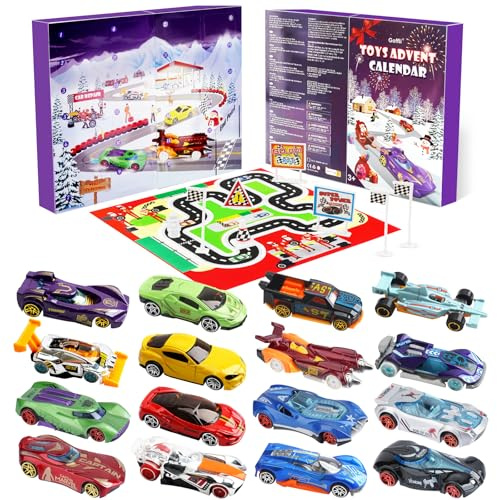 Calendario Adviento 2025, Christmas Advent Calendar con 16 Juguetes para Autos, Mapa y 6 Personajes de Dibujos Animados, Juguetes Calendario Adviento Niños, Ideal para Regalo Sorpresa de Navidad