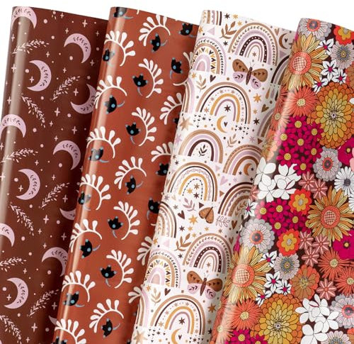 WRAPAHOLIC Retro-Boho-Geschenkpapierbogen – 12 Blatt flach gefaltet mit 12 Geschenkanhängern, Vintage-Stil, Blumen und Regenbögen, Design für Hochzeit, Babyparty, Geburtstag, 50 x 70 cm pro Bogen