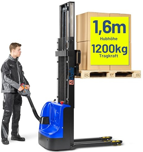 Transpaleta eléctrica Pallit BUDGET-XS | 1600 mm altura de elevación | 1200 kg capacidad de carga | incl. 2 baterías de plomo-gel | apilador eléctrico