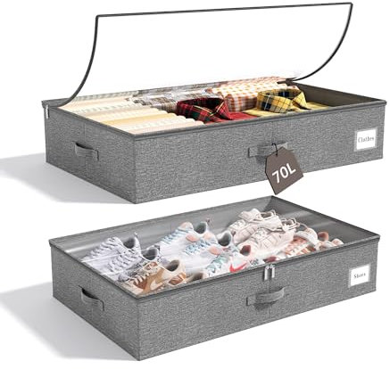 KitHero Unterbett Aufbewahrungsbox 2 Stück 70L Unterbettkommode, Strukturiert 17cm Hoch Unterbett Bettkasten Kleidung Aufbewahrung Unter Bett Aufbewahrungskisten Bettschublade Mit Deckel, Grau