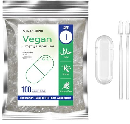 ATLEMISME Gélules Vides Végétales Taille 1 - Lot de 100 avec 2 Cuillères - Sans Gélatine - Gélules Faciles à Remplir et à Dissoudre Rapidement - Idéales pour Compléments Alimentaires et Poudres