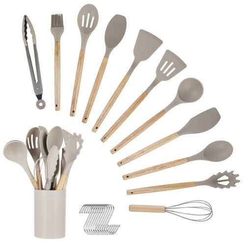Set Utensili Cucina - Set di 12 Pezzi Utensili Cucina Silicone con Portaposate e Manico in Legno - Utensili da Cucina Resistente al Calore - Antiaderente e Lavabile in Lavastoviglie (Kaki)