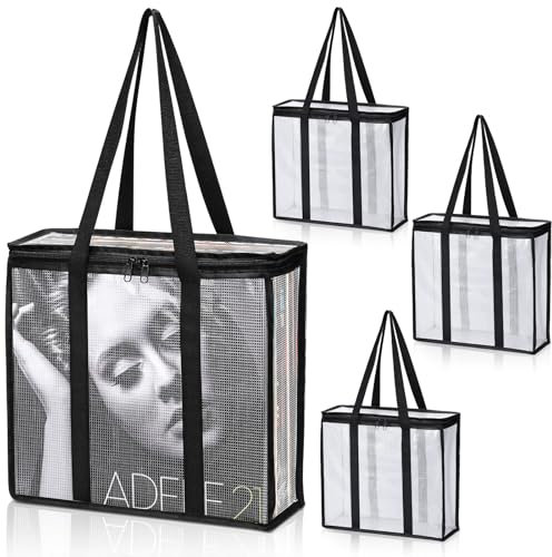 Facmogu LP Vinyl Record Storage Bag (3 Pack), Clear Record Storage Cases for about 110 Albums Storage and Carry, Mesh Zipper Vinyl Record Organizer w/ 2-Way Zipper Closure - No Dust, Moisture, Scratch