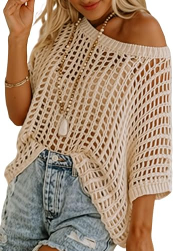 BUNSLOOM Damtröja, sommar, Scoop Neck kortärmad, virkade hålmönster, stickade toppar, t-shirt, strandskydd, Beige, L