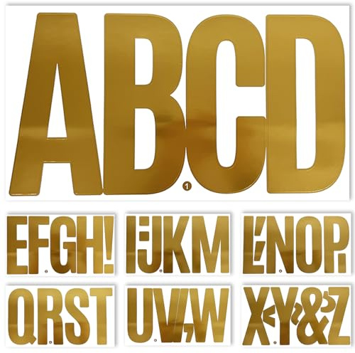 Adesivi a forma di lettere dell'alfabeto, 15,2 cm, 38 pezzi, grandi adesivi per cassette postali, porte, camion e esterni, impermeabili e resistenti alle intemperie, 7 fogli color oro