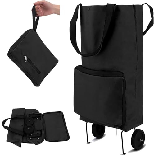 Folding shopping cart, supermarket trolley with two lightweight folding wheels, Oxford cloth bag reusable folding bag large capacity ultra-light handbag travel camping home essential artifact(black)