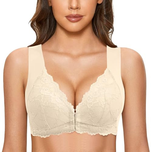 Bustiers Femme Soutien-Gorge Femme Sans Anneau en Acier Soutien Gorge Français Femme Devant Fermé T Dos Grande Taille Sans Couture Non Doublé pour Gros Seins Bikini Femme, beige, 9XL