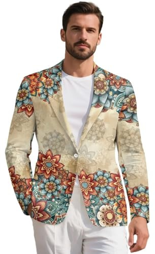 Tomeusey Män blazers smal passform 1 knapp kostym vardaglig sportrock lätt skårade kostym jacka daglig blazer S-5XL, Retro boho-blomma, XL