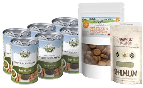 Bellfor Set Nourriture pour Chien Senior : Nourriture Humide pour Chien Senior avec protéines d’Insectes Naturfarm-Menü + Shiimun Immun Pulver + Gelenke-&-Knochen Complete-Snack.