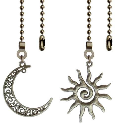 2 Pack Ceiling Fan Pull Chain, Sun and Moon Pull-chain Extension, 12 Inches Celestial Decor Beads Ball Chain Extender with Connectors for Ceiling Fans/Lighting Lamps (Bronze)