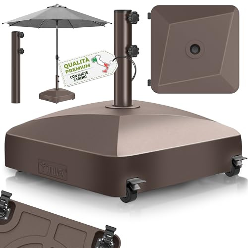 tillvex® Base de sombrilla GRAVIA con Ruedas y Frenos | Soporte de lastre rellenable 37L / 56kg | Pie para Parasol y sombrilla de Mercado Ø 1,8-3,7m | Resistente a la Intemperie y UV (Marrón)