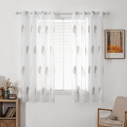 MIULEE Kurz Vorhänge Transparent mit Grau und Weiss Blätter Muster, Modern Stickerei Gardinen Ösen Für Kleines Fenster Kurzgardine, 2er Set Schöne Blätter Muster Vorhang Fenster H 145 x B 140