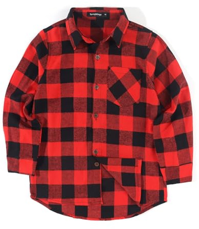 Spring&Gege Ragazzo Camicie a Quadri Manica Lunga con Bottoni in Flanella di Cotone Casual per Bambini, Rosso Nero, 13-14 Anni