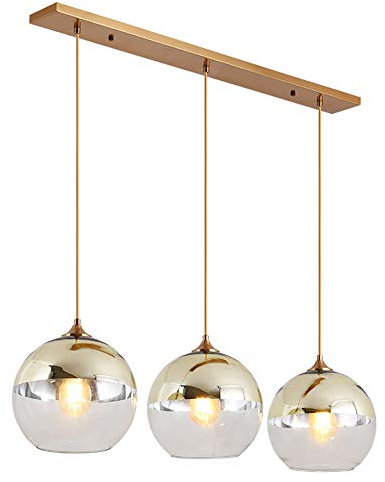 Lampe à suspension sphérique en verre, 3 flammes, Suspension Luminaire en verre transparent et doré Moderne, Lustre Table À Manger Créative Hauteur Réglable, pour Salon Salle à manger, E27 Max.40W