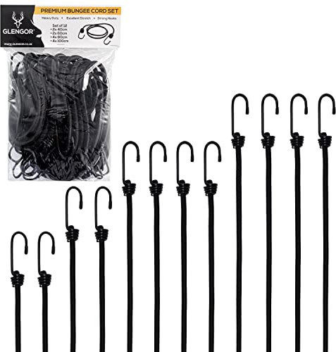 Glengor Premium Bungee Cord Set | Pack of 12 | Heavy Duty Elastic Cords | Great for Caravan, Camping, Garden, DIY, Trailers, RV’s | 2x 40cm, 2x 60cm, 4x 80cm, 4x 100cm