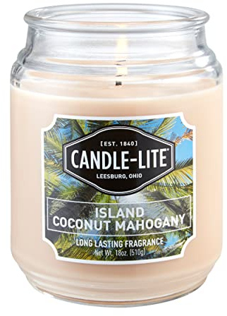 Candle-lite Scented Candles, Island Coconut Mahogany Fragrance, One 18 oz. Single-Wick Aromatherapy Candle with 110 Hours of Burn Time, White Color