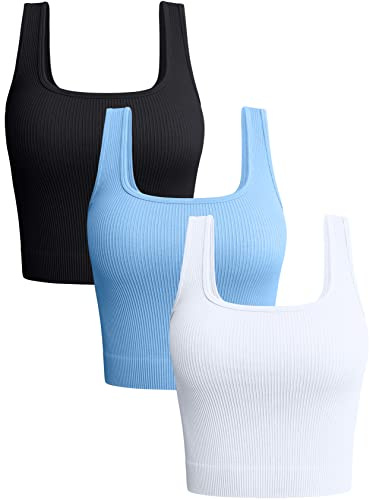OQQ Lot de 3 Débardeur Court pour Femme Crop Tank Col Carré Slim Fit Tops Cropped Côtelé Sports Camisole Noir Bleu Bonbon Blanc