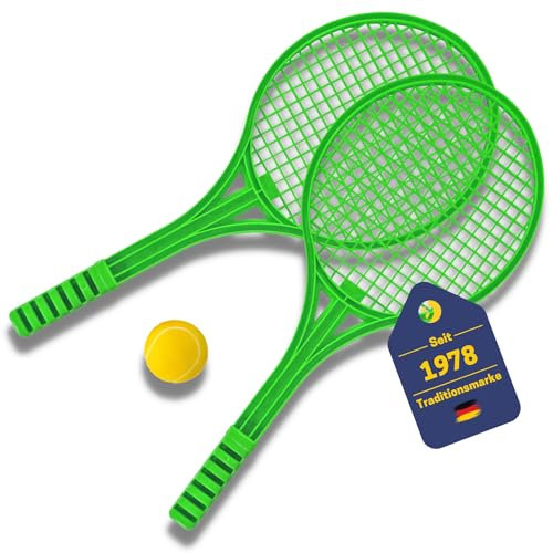 BEST SPORTING Tennis-Set mit Softball Kinder I 2 grüne Tennis-Schläger Kinder in 53 x 23 cm I gelber Softball klein 6 cm I Gartenspiele für Kinder I Tennis Kinder I Outdoor Spiel Kinder