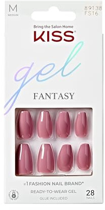 KISS Gel Fantasy - Lot de 28 ongles à coller - Colle à ongles Letter to Ur EX - Rose - Taille moyenne - Forme cercueil - 28 ongles - Colle 2 g - 1 bâton de manucure - 1 mini lime