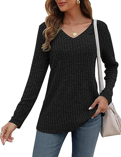 AUSELILY Pulls décontractés pour Femmes Sweatshirt col en V Haut de Mode à Manches Longues Léger Sweat en Tricot Tops Informal pour Française