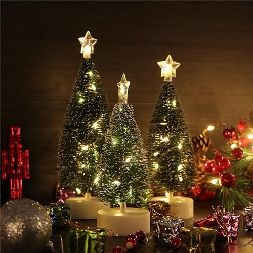 DRERIO 3 st liten julgran, 20 cm hög bordsskiva julgran med lampor, konstgjord mini julgran med konstgjorda tallar, smal julgran, plast, skrivbordsprydnad med bas för dekor