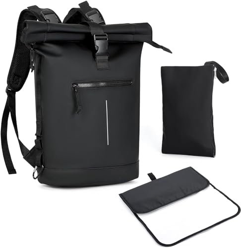 Lekeinchi 43,2 cm (17 Zoll) wasserdichter Roll-Top-Rucksack – leichter Laptop-Reiserucksack mit Baby-Wickeltasche für Damen und Herren, Reisen, Business, Arbeit, Camping, Wandern, Radfahren (schwarz)