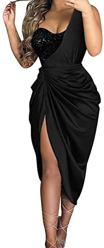 Keepink Sparkly Dresses for Women Cold Shoulder High Split Sexy Dress Ruched Bodycon Formal Cocktail Dresses Cowl Neck Sequin Sleeveless Midi Dress Ladies Elegant Party Night Out Club Dresses