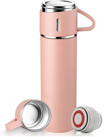 Edelstahl Trinkflasche,Thermosflasche mit Becher,Thermoskanne für warm&kalt,Auslaufsichere Isolierflasche,Wasserflasche Vakuum Isolierbecher,Isolierte Wasserflasche für Sport Camping,500ml (Rosa)