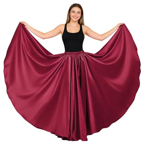 Women Satin Full Circle Ankle Length Swing Long Skirt Maxi Shiny Skirt for Party Cosplay Belly Dance Performance Costume (360 Degree, Wine Red)