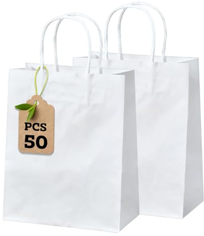 50 Sacs en Papier Blanc Avec Poignées 21 X 11 X 27cm Sacs en Papier Sacs Cadeaux en Papier Kraft Avec Poignées Vrac Sacs, Sacs Cadeaux Sac en Papier Avec Poignées en Cordelette Pour Fêtes, Emballages