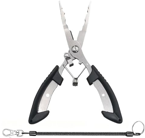 YUVKIN 1 Set de Alicates de Pesca con Correa, Alicates de Acero Inoxidable, Pinzas de Punta, Removedor de Anzuelos, Tijeras para Pesca, Accesorios de Pesca Resistentes para Agua Salada y Dulce (Negro)