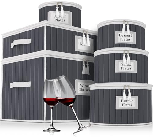 VERONLY Fine China Storage Containers, 6 Piece Dish Storage Containers, Stackable Plate Storage, Coffee Mug Storage and Wine Glass Storage Box with Dividers, Quilted Dish Organisers, Grey