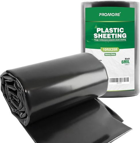 PROMORE Black Plastic Sheeting 6 Mil 10 x 25 FT, Heavy Duty Polyethylene Sheeting, Waterproof, UV Protection, for Weed Barrier, Moisture, Construction Film, Lumber Tarp, Ground Cover