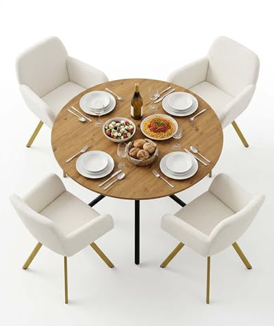 Amveya Conjunto Mesa y sillas Comedor Mesa Redonda 100 cm con 4 sillas giratorias bouclé Beige Acabado Roble para Cocina Comedor Sala de Estar