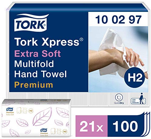 Tork Xpress extra weiche Multifold Papierhandtücher 100297 - H2 Premium umweltschonende Falthandtücher für Handtuchspender - extra weich und saugfähig, 2-lagig, weiß - 21 x 100 Tücher