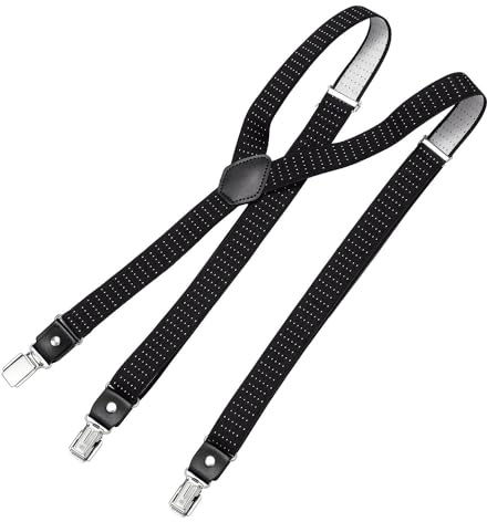 DonDon Bretelle da uomo eleganti strette 2,5 cm con 3 clip extra forti e toppa in pelle Nero bianco a pois