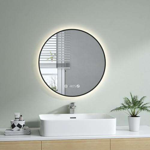 S'AFIELINA Badspiegel mit Beleuchtung Rund 60cm, Dimmbar Bad Spiegel mit Licht und Beschlagfrei-Funktion, Neutralweißes, Runder Spiegel mit Beleuchtung und Digitaluhr,Schwarz
