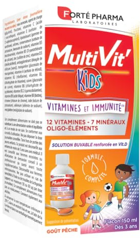 Forté Pharma - Multivit' Kids Défenses | Multi Vitamines Enfant Immunité - Dès 5 ans - | Complément Alimentaire Forme et Tonus - 12 Vitamines et 7 Minéraux - Renforcé en Vitamine D | Flacon 150 ml