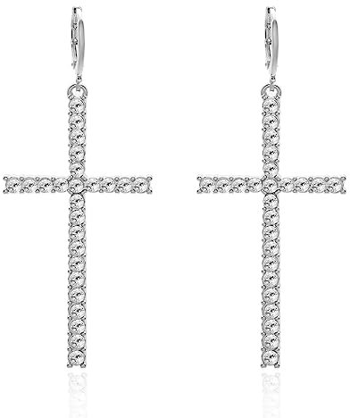SURALIN 1 Pair Silber Kreuz-Perlen-Strass-Ohrringe, Creolen, Baumelnde Spike-Kreuz-Anfangsohrringe, Einfacher Schmuck